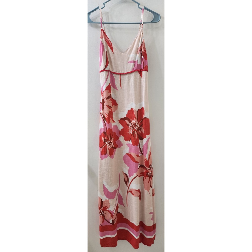 White Closet Elements Floral Maxi Dress XS Pink Red Linen Blend Sleeveless Slit